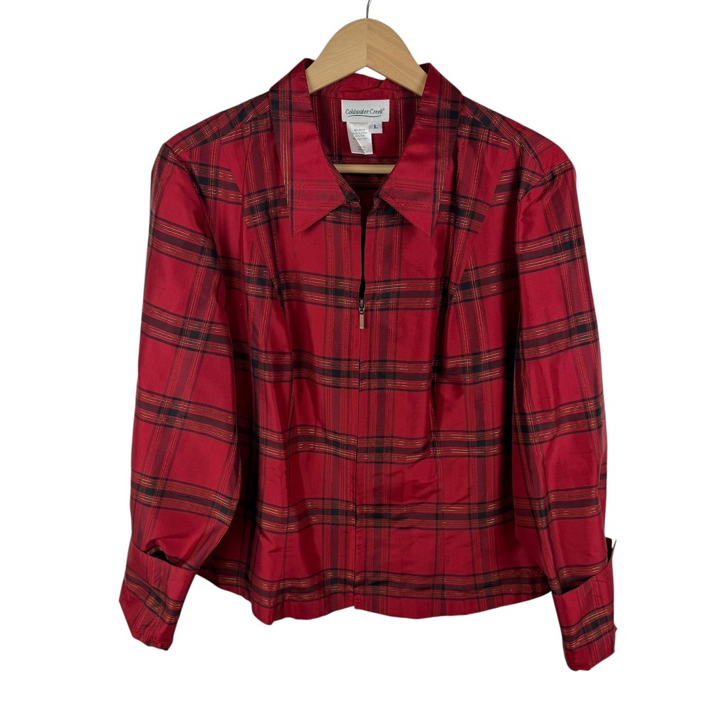 Coldwater Creek Red Tartan Plaid 100% Silk Zip Up Jacket Blouse Large Holiday‎